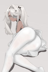 Rule 34 | 1girl, artist request, ass, bare shoulders, bow, breasts, cameltoe, dark-skinned female, dark skin, dress, expressionless, eyepatch, from below, girls&#039; frontline, green eyes, hair bow, highres, hs.50 (girls&#039; frontline), huge ass, long hair, looking at viewer, medium breasts, pantyhose, shiny clothes, shiny skin, sideboob, silver hair, skirt, solo, thick thighs, thighs, twintails, upskirt, white pantyhose