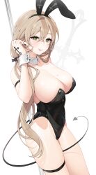 Rule 34 | 1girl, absurdres, animal ears, black hairband, black leotard, blonde hair, breasts, cross, demon tail, detached collar, fake animal ears, from side, green eyes, hair ornament, hairband, hand tattoo, highres, large breasts, latin cross, leotard, long hair, looking at viewer, mole, mole on breast, original, playboy bunny, pole, rabbit ears, rabbit hair ornament, rabbit tail, simple background, skindentation, solo, stripper pole, tail, tattoo, thigh strap, thighs, tongue, tongue out, white background, wrist cuffs, yeije