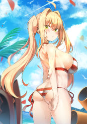 Rule 34 | 1girl, ahoge, arched back, arms at sides, ass, bikini, blonde hair, blue sky, blush, bracelet, breasts, butt crack, cloud, commentary request, cowboy shot, criss-cross halter, earrings, fate/grand order, fate (series), from behind, green eyes, hair between eyes, hair intakes, halterneck, highres, jewelry, k pring, large breasts, long eyelashes, long hair, looking at viewer, looking back, nero claudius (fate), nero claudius (fate) (all), nero claudius (swimsuit caster) (fate), outdoors, palm leaf, parted lips, red bikini, side-tie bikini bottom, sideboob, skindentation, sky, solo, standing, striped bikini, striped clothes, swimsuit, thighs, twintails
