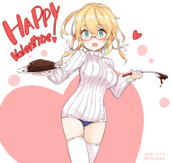 Rule 34 | 1girl, aqua eyes, blonde hair, blue one-piece swimsuit, blush, breasts, chocolate, dated, food, hair between eyes, hair ribbon, happy valentine, heart, i-8 (kancolle), kantai collection, long hair, one-piece swimsuit, open mouth, plate, red-framed eyewear, ribbed sweater, ribbon, simple background, solo, suka, sweat, sweater, swimsuit, swimsuit under clothes, thighhighs, turtleneck, turtleneck sweater, twitter username, valentine, white thighhighs