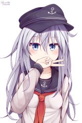 Rule 34 | 1girl, absurdres, anchor symbol, black hat, black sailor collar, blue eyes, blush, collarbone, commentary request, covered mouth, flat cap, grey hair, hair between eyes, hand up, hat, hibiki (kancolle), highres, kantai collection, long hair, long sleeves, looking at viewer, neckerchief, red neckerchief, sailor collar, school uniform, serafuku, shirt, simple background, solo, tateishi kureha, twitter username, upper body, v, very long hair, white background, white shirt
