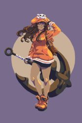 Rule 34 | 1girl, anchor, ankle boots, backpack, bag, bike shorts, black gloves, boots, breasts, brown hair, commentary, curly hair, english commentary, fingerless gloves, full body, gloves, guilty gear, guilty gear strive, gyang, highres, hood, hood down, hoodie, huge weapon, long hair, may (guilty gear), medium breasts, orange eyes, orange headwear, orange hoodie, orange shirt, reverse grip, shirt, skull and crossbones, solo, v, weapon