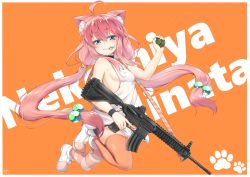 Rule 34 | 1girl, absurdres, ahoge, animal ear fluff, animal ears, arm up, asymmetrical legwear, bike shorts, blue eyes, boots, breasts, cat ears, character name, explosive, fragmentation grenade, full body, grenade, grenade pin, grin, gun, h&amp;k hk416, hair bobbles, hair ornament, hand grenade, highres, hinata channel, jumping, legs up, long hair, low twintails, m67 grenade, mismatched legwear, mouth hold, nekomiya hinata, orange background, orange thighhighs, pink hair, shorts, sideboob, simple background, small breasts, smile, solo, striped clothes, striped thighhighs, takatun223, thighhighs, twintails, vest, virtual youtuber, watch, weapon, white footwear, white vest, wristband, wristwatch