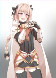 Rule 34 | 1boy, armor, armored dress, astolfo (fate), black bow, black dress, black thighhighs, bow, braid, cloak, dress, fang, fate/apocrypha, fate/grand order, fate (series), fur-trimmed cloak, fur trim, gauntlets, gorget, hair bow, hair intakes, happy, heart, heart-shaped pupils, heart hands, highres, long braid, long hair, long sleeves, male focus, multicolored hair, open mouth, pharamacom, pink hair, puffy sleeves, purple eyes, single braid, solo, streaked hair, symbol-shaped pupils, thighhighs, trap, white cloak