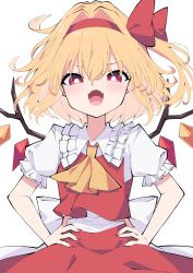 Rule 34 | 1girl, ascot, back bow, blonde hair, blush, bow, bright pupils, crystal, fangs, fingernails, flandre scarlet, frilled shirt collar, frills, hairband, hands on own hips, hat, highres, mob cap, nail polish, no headwear, one side up, open mouth, puffy short sleeves, puffy sleeves, red bow, red eyes, red hairband, red nails, red ribbon, red skirt, red vest, ribbon, sash, short hair, short hair with long locks, short sleeves, side ponytail, simple background, skirt, solo, standing, teeth, touhou, tsukimirin, upper body, upper teeth only, vest, white background, white pupils, white sash, wings, yellow ascot