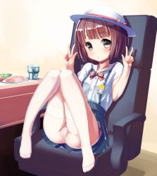 Rule 34 | 1girl, :o, absurdres, ass, bacon, black skirt, blue skirt, blunt bangs, blush, bow, bowtie, breasts, brown hair, buttons, cameltoe, chair, cleft of venus, clip, collarbone, crotch seam, cup, double w, eyebrows, feet, food, full body, hand gesture, hands up, hat, hat bow, highres, ichihachiyon, knees together feet apart, legs up, looking at viewer, meat, no shoes, original, panties, panties under pantyhose, pantyhose, pantyshot, parted lips, plate, pleated skirt, red bow, red bowtie, salad, school hat, school uniform, shirt, short hair, short sleeves, sitting, skirt, small breasts, solo, sun hat, suspender skirt, suspenders, table, tareme, thighband pantyhose, toes, tomato, underwear, vegetable, w, white hat, white panties, white pantyhose, white shirt, yellow eyes