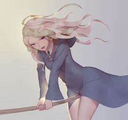 Rule 34 | 10s, 1girl, backlighting, blonde hair, blue eyes, broom, broom riding, crotch rub, diana cavendish, dress, fang, glowing, grey dress, heart, heart-shaped pupils, highres, little witch academia, long hair, maredoro, necktie, simple background, solo, symbol-shaped pupils, witch