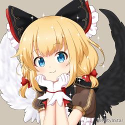 Rule 34 | 1girl, asymmetrical wings, black wings, blonde hair, blue eyes, blush, bow, brown shirt, closed mouth, commentary request, frills, gloves, grey background, hair bow, long hair, looking at viewer, low twintails, marl (shironeko project), mismatched wings, mitya, puffy short sleeves, puffy sleeves, red bow, shironeko project, shirt, short sleeves, short twintails, simple background, smile, solo, sparkle, twintails, twitter username, upper body, white gloves, white wings, wings