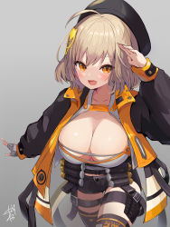 Rule 34 | 1girl, :d, ahoge, amagasa nadame, ammunition belt, anis (nikke), beret, black hat, black jacket, black shorts, black thighhighs, blonde hair, breasts, brown eyes, cat hair ornament, cleavage, commentary, cowboy shot, crop top, fingerless gloves, gloves, goddess of victory: nikke, grey background, grey gloves, grey shirt, hair between eyes, hair ornament, hat, highres, jacket, large breasts, long sleeves, looking at viewer, midriff, open clothes, open jacket, open mouth, salute, shirt, short hair, short shorts, shorts, sidelocks, signature, simple background, single fingerless glove, skindentation, smile, solo, standing, thigh strap, thighhighs