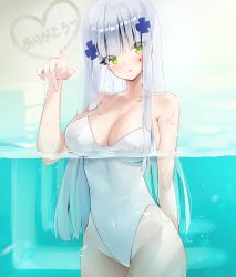 Rule 34 | 1girl, ankkoyom, arm behind back, bad id, bad pixiv id, bare shoulders, blush, breasts, cleavage, covered navel, facial mark, girls&#039; frontline, green eyes, hair ornament, highres, hk416 (girls&#039; frontline), large breasts, long hair, looking at viewer, one-piece swimsuit, parted lips, partially submerged, partially underwater shot, silver hair, solo, swimsuit, underwater, wading