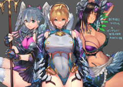 Rule 34 | 3girls, black hair, blonde hair, blue eyes, breasts, brown eyes, cleavage, covered navel, cowboy shot, cyborg, feathers, fiora (xenoblade), green eyes, grey background, highres, holding, holding staff, huge breasts, jewelry, looking at viewer, makna armour, mecha-fiora, medium breasts, melia antiqua, miniskirt, multiple girls, navel, negresco, nintendo, one-piece swimsuit, pendant, sharla (xenoblade), short hair, silver hair, skirt, smile, spoilers, staff, swimsuit, thighhighs, white one-piece swimsuit, xenoblade chronicles 1, xenoblade chronicles (series)