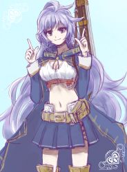 Rule 34 | 10s, 1girl, ahoge, blue background, blue cape, blue skirt, braid, breasts, cape, cleavage, crop top, granblue fantasy, gun, hair between eyes, highres, index finger raised, kitsuka (kitsuka 11), large breasts, long hair, long sleeves, midriff, miniskirt, navel, pleated skirt, rifle, silva (granblue fantasy), simple background, skirt, smile, sniper rifle, solo, twin braids, very long hair, wavy hair, weapon, weapon on back, yellow eyes
