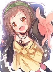 Rule 34 | 10s, 1girl, :d, bang dream!, black choker, blush, boots, breasts, brown eyes, brown footwear, brown hair, brown jacket, chain, choker, cleavage, collarbone, commentary request, cross-laced footwear, dress, hazawa tsugumi, hood, hood down, hooded jacket, jacket, knee boots, kneehighs, lace-up boots, long sleeves, looking at viewer, matokechi, medium breasts, open clothes, open jacket, open mouth, outstretched arm, simple background, smile, socks, solo, white background, yellow dress, yellow socks