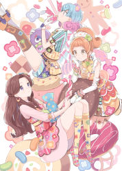 Rule 34 | 10s, 3girls, :3, aikatsu!, aikatsu! (series), animal ears, asymmetrical legwear, bad id, bad pixiv id, blue hair, blunt bangs, blush, boots, bow, bracelet, braid, brown eyes, brown hair, cake, candy, candy cane, chiri (ch!), chocolate, closed mouth, cookie, crescent, crescent earrings, cupcake, curly hair, dojima nina, door, doughnut, dress, earrings, eating, fake animal ears, finger to mouth, floral print, flower, flower earrings, food, food-themed clothes, food in mouth, fujiwara miyabi (aikatsu!), gingerbread man, gloves, gradient hair, hair flower, hair ornament, hairband, half updo, holding, in food, jelly bean, jewelry, kerchief, kneehighs, kneeling, kurisu kokone, lace-trimmed collar, lace trim, long hair, looking at another, mary janes, mouth hold, multicolored hair, multiple girls, orange hair, oversized object, overskirt, parted bangs, pastry, pink hair, plaid, plaid bow, plaid ribbon, plaid shoes, polka dot, polka dot bow, polka dot ribbon, print dress, print gloves, print legwear, print shirt, print shorts, print skirt, profile, purple eyes, ribbon, ring, shirt, shoes, short sleeves, shorts, skirt, sleeveless, sleeveless dress, sleeves past elbows, sleeves rolled up, socks, star (symbol), striped clothes, striped shirt, swiss roll, thigh strap, thighhighs, uneven legwear, vertical-striped clothes, vertical-striped shirt, white gloves, yellow legwear