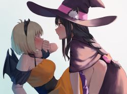 Rule 34 | 2girls, all fours, animal ear fluff, animal ears, black hair, blonde hair, blush, covering own mouth, eye contact, fake animal ears, fake horns, fake wings, gomashiwo o, halloween, halloween costume, hand over own mouth, hat, highres, horns, inoue takina, looking at another, lycoris recoil, multiple girls, nishikigi chisato, wide-eyed, wings, witch hat, yuri