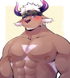 Rule 34 | 1boy, abs, animal ears, bara, chest hair, dark-skinned male, dark skin, furry, furry male, headband, horns, large pectorals, looking at viewer, male focus, muscular, nipples, pectorals, purple eyes, purple horns, shennong (housamo), simple background, solo, tokyo houkago summoners, udon oneday, upper body, white hair