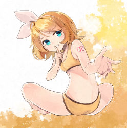 Rule 34 | 1girl, alternate costume, ass, barefoot, blonde hair, blue eyes, bow, finger to mouth, full body, furukawa itsuse, grin, hair bow, hair ribbon, hairband, index finger raised, indian style, kagamine rin, looking at viewer, midriff, outstretched hand, ribbon, short hair, shushing, sitting, sleeveless, smile, solo, swept bangs, tattoo, vocaloid, white bow