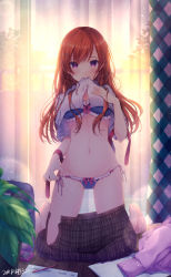 Rule 34 | 1girl, azu torako, backlighting, barefoot, black skirt, blue bra, blue panties, blush, bow, bow bra, bow panties, bra, breasts, unworn cardigan, cleavage, clothes pull, commentary request, curtains, dated, frilled bra, frilled panties, frills, full body, gluteal fold, groin, hair ornament, hairclip, hand on own chest, indoors, kneeling, leaf, long hair, looking at viewer, medium breasts, mouth hold, navel, open clothes, open fly, open skirt, original, panties, pen, pink bow, pink ribbon, plaid, plaid skirt, purple eyes, red hair, ribbon, shirt, short sleeves, side-tie panties, signature, skirt, skirt pull, solo, stomach, underwear, white shirt, window, wooden floor