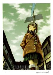 Rule 34 | 1girl, abe yoshitoshi, absurdres, boots, brown coat, building, cloud, cloudy sky, coat, from below, fur-trimmed boots, fur trim, green hair, green sky, hands in pockets, highres, long hair, looking up, non-web source, original, outdoors, parted lips, plaid, pleated skirt, scan, scarf, sign, skirt, sky, solo, striped clothes, striped scarf, twintails