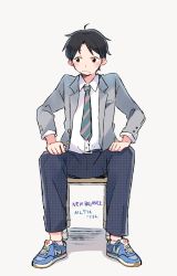 Rule 34 | 1boy, ahoge, black eyes, black hair, blazer, blue pants, chair, clenched hands, collared shirt, commentary request, full body, grey background, grey jacket, hands on legs, highres, jacket, male focus, necktie, new balance, original, pants, school uniform, shirt, shoes, sitting, sneakers, solo, striped, taneda yuuta, unmoving pattern, white shirt