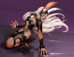 Rule 34 | 1girl, animal ears, armlet, bracelet, claws, dorkartist, final fantasy, final fantasy xii, fran (ff12), full body, highres, jewelry, looking to the side, navel, rabbit ears, red eyes, solo, tan, white hair