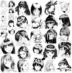 Rule 34 | 6+girls, animal ears, blush, bob cut, character request, copyright request, fake animal ears, highres, long hair, looking at viewer, monochrome, multiple girls, orushibu, ponytail, rabbit ears, short hair, simple background, smile, twintails, white background