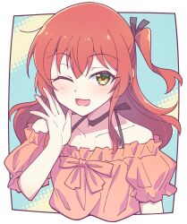 Rule 34 | 1girl, blush, bocchi the rock!, collarbone, dress, e20, green eyes, hair between eyes, highres, kita ikuyo, long hair, looking at viewer, one eye closed, one side up, open mouth, orange dress, red hair, short sleeves, smile, solo, upper body