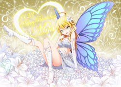 Rule 34 | 1girl, ahoge, blonde hair, boots, butterfly wings, earrings, fairy, flower, gloves, green eyes, hair flower, hair ornament, highres, hoshii miki, idolmaster, idolmaster (classic), insect wings, jewelry, long hair, md5 mismatch, open mouth, outsider 0, resolution mismatch, single glove, sitting, skirt, smile, solo, source smaller, wings