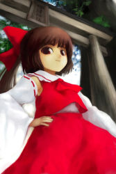 Rule 34 | 1girl, arch, brown eyes, brown hair, closed mouth, day, detached sleeves, dress, female focus, from below, hakurei reimu, hands on own hips, long sleeves, looking at viewer, looking down, oisin, outdoors, perfect cherry blossom, plant, red dress, short hair, smile, solo, torii, touhou, tree, wide sleeves
