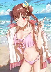 Rule 34 | 1girl, ;q, beach, bikini, blush, breasts, brown hair, cleavage, collarbone, double bun, hair bun, highres, idolmaster, idolmaster shiny colors, jacket, large breasts, looking at viewer, navel, one eye closed, open clothes, open jacket, outdoors, pink bikini, pointing, red eyes, shiraha (shiraha 0129), skindentation, smile, solo, sonoda chiyoko, swimsuit, tongue, tongue out, twintails