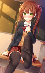 Rule 34 | 1girl, black thighhighs, blazer, blush, brown hair, cardigan, commentary request, feet, foot focus, green eyes, hair ribbon, highres, jacket, long hair, looking at viewer, no shoes, original, panties, pantyshot, pleated skirt, ribbon, school uniform, sitting, skirt, soles, solo, suna (transports), sweat, thighhighs, toes, twintails, underwear, white panties