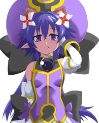 Rule 34 | 1girl, adjusting hair, animal ears, bare shoulders, blush, bow, breasts, detached sleeves, dress, elbow gloves, extra ears, gloves, hair ornament, hat, long hair, looking at viewer, matsuhime mujina, pointy ears, purple eyes, purple hair, raccoon ears, shinrabanshou, small breasts, smile, solo, to-gnaniwa, upper body, white background, white gloves