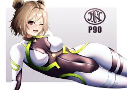Rule 34 | 1girl, absurdres, border, breasts, brown hair, character name, company logo, covered navel, double bun, girls&#039; frontline, gluteal fold, hair bun, hair ornament, highres, looking at viewer, lying, medium breasts, medium hair, navel, on side, one eye closed, open mouth, p90 (girls&#039; frontline), plugsuit, red eyes, solo, sparkle, white border, yan kodiac