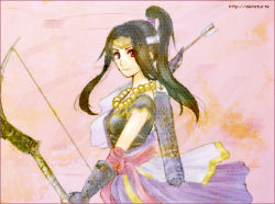 Rule 34 | 1girl, armlet, arrow (projectile), black gloves, bow (weapon), elbow gloves, gloves, headband, holding, holding weapon, ina (urobronai), inahime, jewelry, looking at viewer, necklace, pearl necklace, ponytail, quiver, red eyes, sengoku musou, solo, weapon
