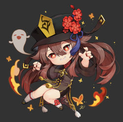 Rule 34 | 1girl, :d, black background, black footwear, black nails, black shorts, brown hair, chibi, chinese clothes, commentary request, flower, genshin impact, ghost, ghost pose, grin, hair between eyes, hat, hat flower, hat ornament, highres, hu tao (genshin impact), kneehighs, long hair, long sleeves, looking at viewer, nail polish, open mouth, red eyes, shorts, sidelocks, simple background, smile, socks, spread legs, symbol-shaped pupils, twintails, white socks, y.i. (lave2217)