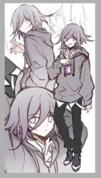 Rule 34 | 1boy, black hoodie, black pants, border, can, cigarette, closed mouth, danganronpa (series), danganronpa v3: killing harmony, from side, full body, grey border, hair between eyes, hair over one eye, holding, holding can, holding cigarette, hood, hood down, hoodie, male focus, multiple views, open mouth, oma kokichi, pants, qiao xing, shirt, sitting, smile, standing, upper body, white background, white shirt