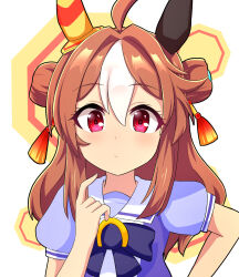 Rule 34 | 1girl, ahoge, animal ears, bow, brown hair, closed mouth, commentary request, copano rickey (umamusume), double bun, ear covers, ear ornament, hair between eyes, hair bun, hair ornament, highres, horse ears, horse girl, light blush, long hair, looking at viewer, multicolored hair, pointing, pointing at self, puffy short sleeves, puffy sleeves, purple bow, purple shirt, red eyes, sailor collar, school uniform, shirt, short sleeves, simple background, solo, streaked hair, tassel, tassel hair ornament, tracen school uniform, umamusume, upper body, white background, white hair, whitelily bread