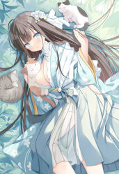 Rule 34 | 1girl, ahoge, aqua eyes, blush, breasts, brown hair, cat, cattail, cleavage, cleavage cutout, closed mouth, clothing cutout, feet out of frame, floral print, flower, hair flower, hair ornament, hip vent, hoshino koucha, japanese clothes, kimono, light smile, long hair, looking at viewer, lying, medium breasts, multiple cats, original, outdoors, plant, smile, very long hair, wide sleeves