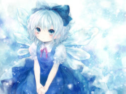 Rule 34 | blue eyes, blue hair, bow, cirno, dress, embodiment of scarlet devil, hair bow, highres, large bow, neck ribbon, onineko, own hands together, ribbon, short hair, solo, touhou, v-shaped eyebrows, v arms, wings