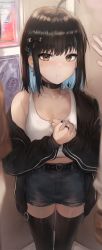 Rule 34 | 1girl, absurdres, ahoge, belt, black belt, black bow, black choker, black hair, black jacket, black nails, black thighhighs, blue hair, blue shorts, blush, bow, breasts, brown eyes, choker, collarbone, commentary, crop top, cross, cross earrings, earrings, english commentary, fingernails, hair bow, hair ornament, hairclip, highres, indoors, irene (kanniiepan), jacket, jewelry, kanniiepan, long sleeves, looking at viewer, midriff peek, mole, mole under eye, multicolored hair, nail polish, off shoulder, open clothes, open jacket, original, own hands together, parted lips, shirt, short hair, short shorts, shorts, single bare shoulder, solo focus, standing, thighhighs, white shirt
