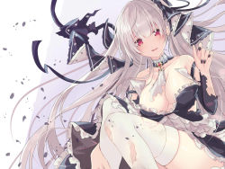 Rule 34 | 1girl, azur lane, black dress, black nails, black ribbon, blush, breasts, cleavage, collarbone, commentary, detached collar, dress, earrings, formidable (azur lane), hair ribbon, hakazenanato, jewelry, large breasts, long hair, looking at viewer, nail polish, necktie, open mouth, red eyes, ribbon, silver hair, simple background, smile, solo, strap slip, thighhighs, thighs, torn clothes, torn dress, torn necktie, torn neckwear, torn thighhighs, twintails, white background, white neckwear, white thighhighs