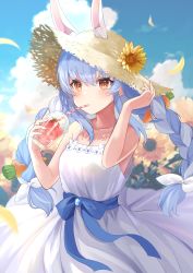 Rule 34 | 1girl, animal ears, bare arms, bare shoulders, blue bow, blue hair, blue sky, blush, bow, braid, carrot hair ornament, cloud, collarbone, cowboy shot, cup, day, disposable cup, dress, drink, drinking, drinking straw, ears through headwear, flower, food, food-themed hair ornament, fruit, hair ornament, hand on headwear, hat, hat flower, hat ornament, highres, holding, holding cup, hololive, konasu (user fjne8873), multicolored hair, orange eyes, outdoors, petals, rabbit-shaped pupils, rabbit ears, sidelocks, sky, sleeveless, sleeveless dress, solo, straw hat, strawberry, sun hat, sunflower, sunflower petals, symbol-shaped pupils, thick eyebrows, twin braids, two-tone hair, usada pekora, virtual youtuber, white dress, white hair