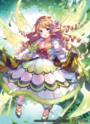 Rule 34 | 1girl, blonde hair, blue eyes, bow, breasts, cleavage, copyright name, diadem, dress, drill hair, fairy wings, floating hair, force of will, gem, jewelry, large breasts, leaf, long hair, long sleeves, looking at viewer, multicolored clothes, multicolored dress, necklace, official art, open mouth, outdoors, pointy ears, red bow, sakura moyon, shoes, solo, wings