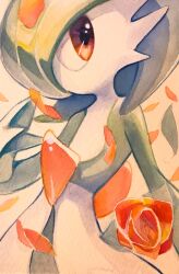 bob_cut colored_skin creatures_(company) falling_petals flower game_freak gardevoir gen_3_pokemon green_hair green_skin highres mota_cocotei multicolored_skin nintendo petals pink_eyes pokemon pokemon_(creature) rose traditional_media two-tone_skin white_skin