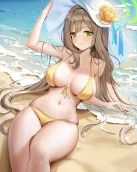 Rule 34 | 1girl, absurdres, bare shoulders, bikini, blue archive, blush, breasts, cleavage, collarbone, green eyes, halo, hat, highres, jademoon, large breasts, light brown hair, long hair, looking at viewer, navel, nonomi (blue archive), nonomi (swimsuit) (blue archive), smile, solo, sun hat, swimsuit, thighs, very long hair, white hat, yellow bikini