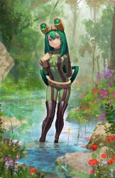 Rule 34 | 1girl, asui tsuyu, black hair, bodysuit, boku no hero academia, breasts, commentary request, covered navel, frog girl, full body, goggles, goggles on head, green hair, highres, long hair, looking at viewer, low-tied long hair, medium breasts, outdoors, solo, standing, wading, water, yugen99