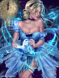 Rule 34 | 1girl, aleksandra jedrasik, artist name, bare shoulders, black hairband, black neckwear, blonde hair, blue bow, blue dress, bow, breasts, bridal garter, choker, cinderella, cinderella (disney), cleavage, closed eyes, closed mouth, collarbone, commentary, deviantart username, dress, earrings, fingernails, gloves, hair over face, hairband, highres, jewelry, large breasts, lips, nail polish, nose, off shoulder, pearl earrings, puffy short sleeves, puffy sleeves, red lips, short hair, short sleeves, signature, single glove, solo, standing, watermark, web address