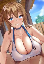 Rule 34 | 1boy, 1girl, alternate breast size, azur lane, blue eyes, breasts, brown hair, cleavage, commentary, english commentary, hair between eyes, handsfree paizuri, huge breasts, looking at viewer, nike (company), paizuri, paizuri under clothes, penis, pov, repulse (azur lane), smile, sports bra, sweat, tank top, yua (argaoffroad)