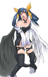 Rule 34 | 1girl, ahegao, arc system works, asymmetrical wings, bad anatomy, bare shoulders, black hair, blush, dizzy (guilty gear), female masturbation, fucked silly, guilty gear, hair ribbon, masturbation, open mouth, ribbon, saliva, solo, standing, tail, tail ornament, tail ribbon, thighhighs, twintails, wings