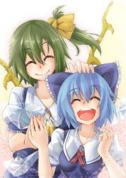 Rule 34 | 2girls, ascot, blue hair, bow, cirno, closed eyes, daiyousei, fairy wings, gradient background, green hair, hair bow, hand on another&#039;s head, holding hands, light particles, multiple girls, puffy short sleeves, puffy sleeves, short hair, short sleeves, side ponytail, skirt, skirt set, smile, touhou, wings, yamada yukihito